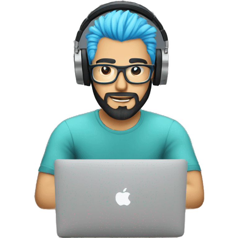 male programer coding in a macBook on a coffee table with headphones, beard, white skin and blue hair  emoji