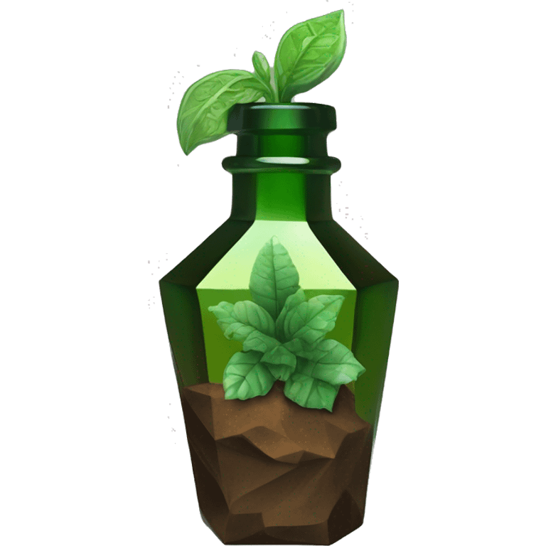 symbolic dirt humus in a bottle sculpture symbolizing Capricorn with a geometric, faceted design. The bottle is standing upright with angular and baroque features. The vibrant deep green plants colors highlights the sharp edges and planes.  emoji