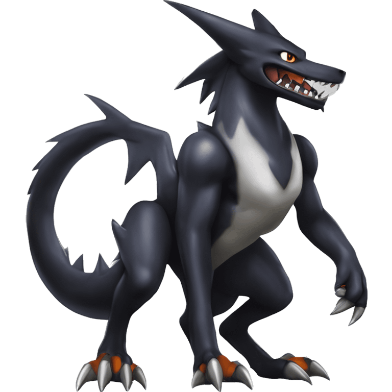 Black, Cool, Edgy, Nargacuga-Garchomp-Houndoom-Sergal Fakémon-Digimon with sharp markings,  full body emoji