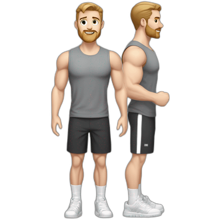 Full height Pale skinned fit man With biceps, Realistic eyes and mouth, light brown hair and stubble In dark gray sleeveless mike, black oversize sports shorts, watch and white sneakers. emoji