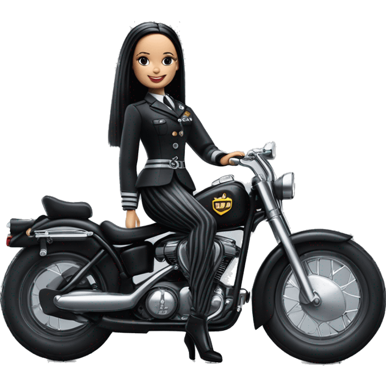 Jeffery New York Lingerie Barbie, Wednesday Addams from academy in vertically-striped dark-gray and black officer’s uniform. Leaning back at the hips, riding a wheelie on a hot rod bike smiling  emoji