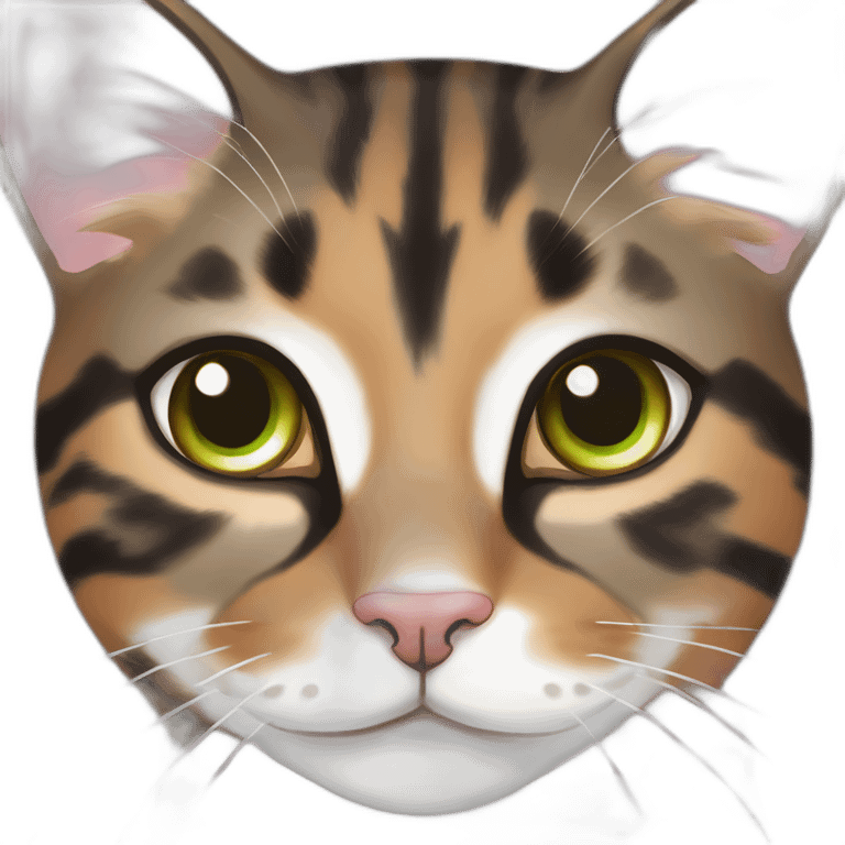 young striped calico cat face with a pink nose, white chin, green eyes, and orange/brown markings emoji