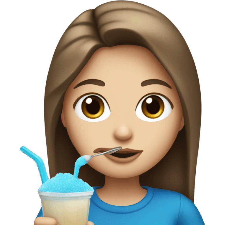 White Girl with brown hair eating a blue slushie with a spoon emoji