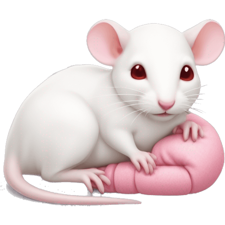 Realistic white rat with small ears, bright red small eyes and baby pink tail in wrapped around body and baby pink paws in sleeping position neutral face eyes open body is lying down curled up emoji