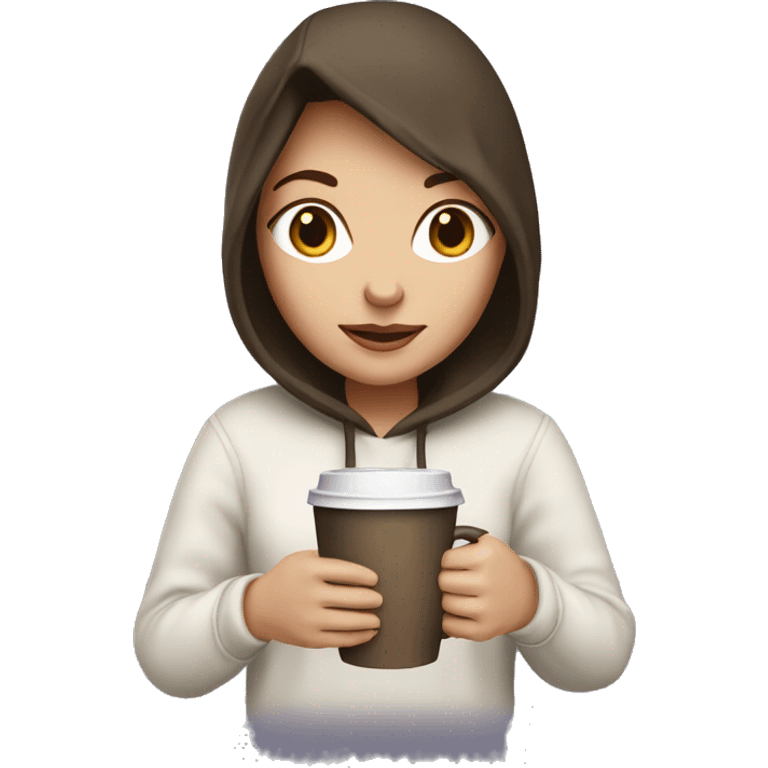 brunette white Girl with a hoodie, holding her cup of coffee emoji