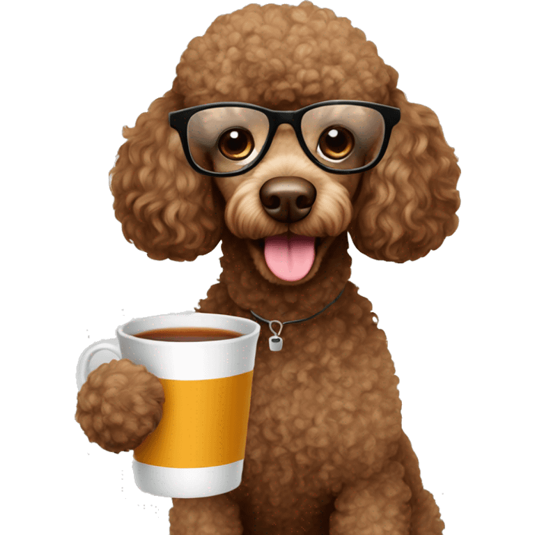 Brown poodle with glasses reading and drinking a cup of tea emoji