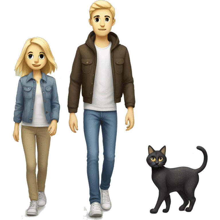 Young white Familie skinny casual walking and cat emoji