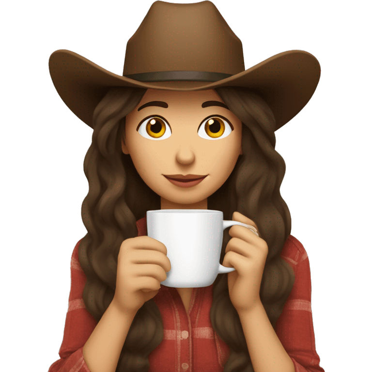 Cozy cowgirl wearing a cowboy hat sipping coffee. Brunette long hair emoji