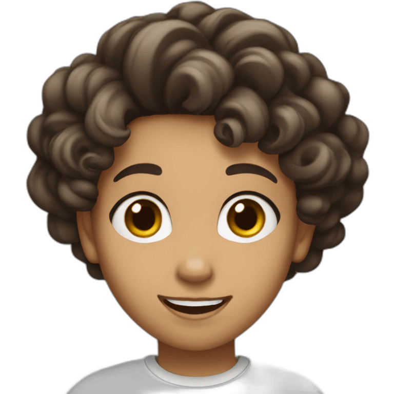 Brown Teen with thick lips,Chinese eyes, big nose , thin chin, thin eyebrows, really curly and short hair smiling and waving emoji