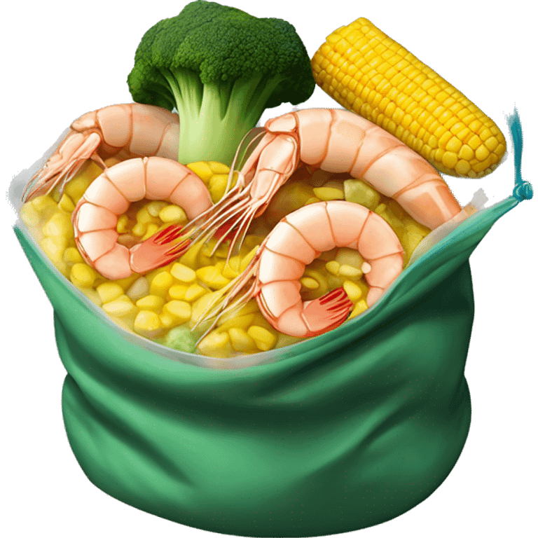 Realistic seafood boil with shrimp, broccoli & corn inside the clear boil bag emoji