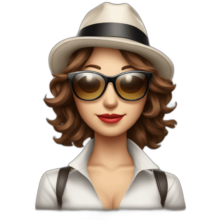 sunglasses on female head with wavy brown hair and a poker dealer hat, playing blackjack emoji