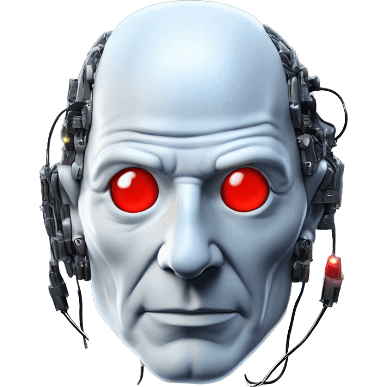 Jean luc picard from Star Trek assimilated by the Borg, with mechanical metal covering the left side of his face, with wires and a red light on the left side. His eyes are blue emoji