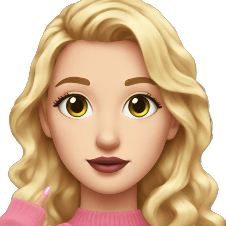 White girl pink sweater pink lipstick green eyes gold earrings pink nails reddish golden wavy long hair upper body holding books emoji