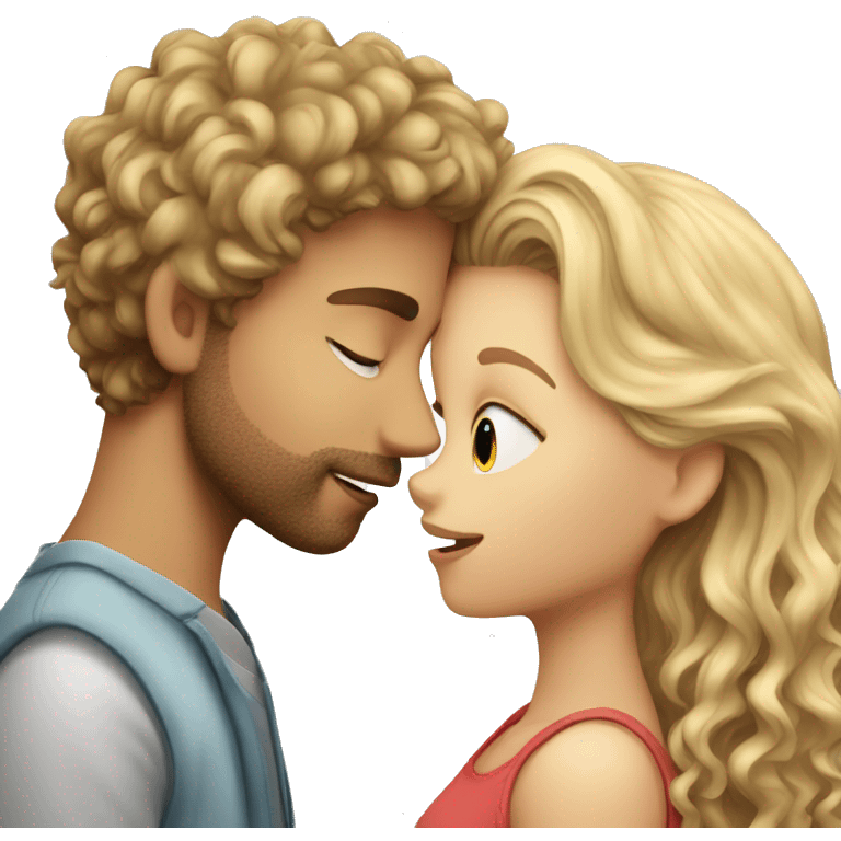 blonde girl kisses curly brown haired guy emoji