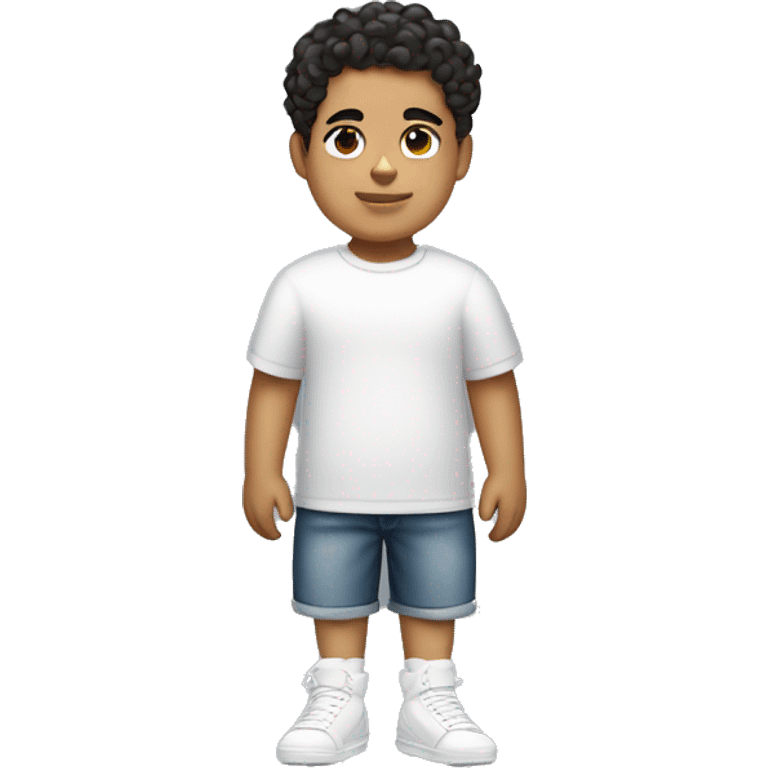 Full body young Hispanic boy that is extremely short and fat with a low taper fade with curly hair and is wearing a t shirt and white air forces  emoji