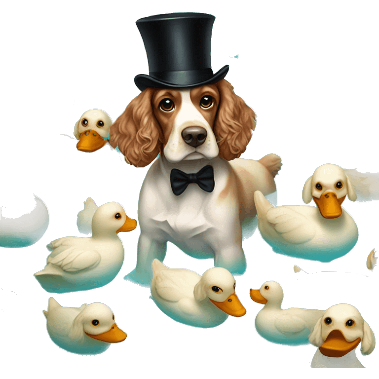 working cocker spaniel with mustache and top hat swimming in a pool of ducks emoji