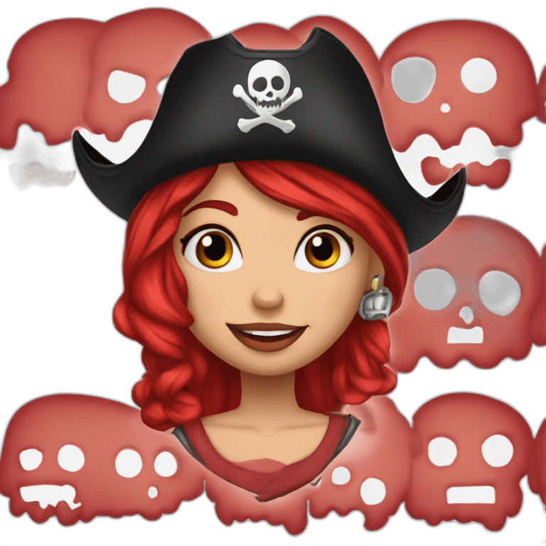 Woman long red one platted hair on one sid short hair on other side Tattoo under shaved hair. pirate hat, skull and crossbones t shirt emoji