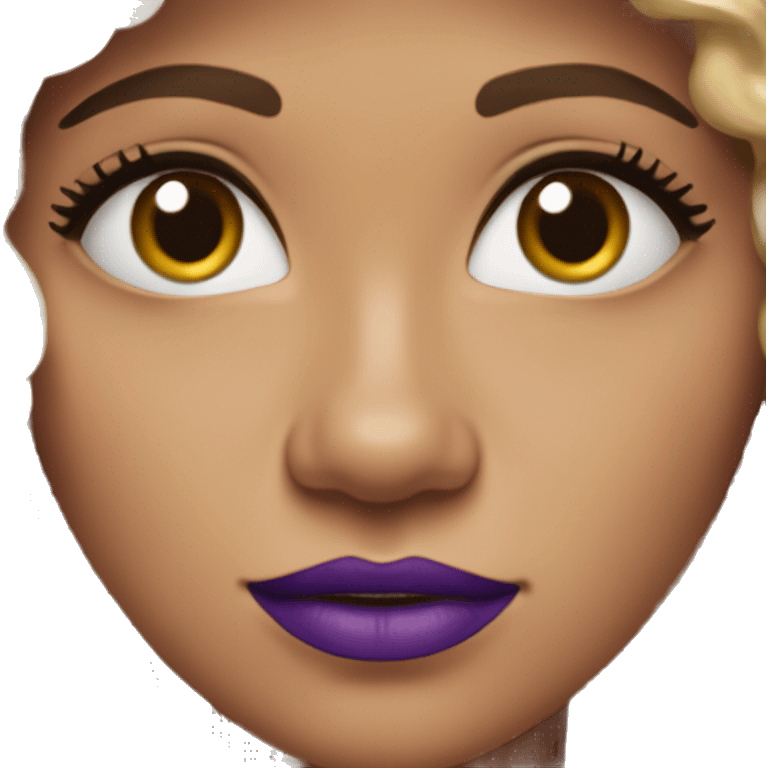 Woman with fair but warm skin with short curly hair, neck length, that has volume. She has light brown eyes and is wearing purple lipstick and long purple earrings!! She looks whimsical emoji