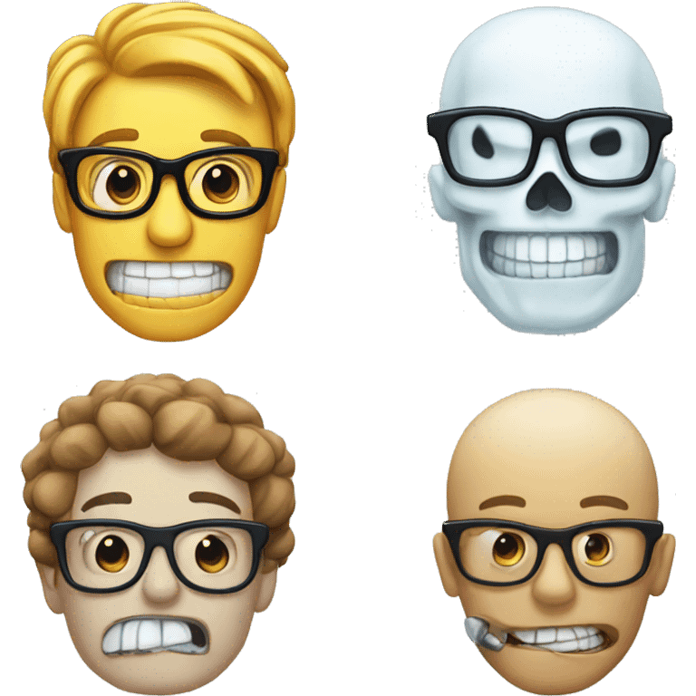 Skull emoji mixed with the freezing face emoji with the nerd emoji teeth and glasses emoji