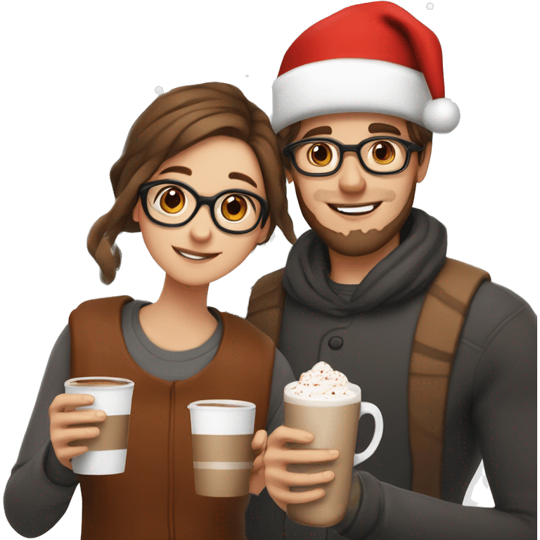 boy with brown hair and beard, brown eyes and square-rounded shaped glasses, and girl with white skin, brown straight hair and santa hat, both holding a white cup with hot chocolate emoji