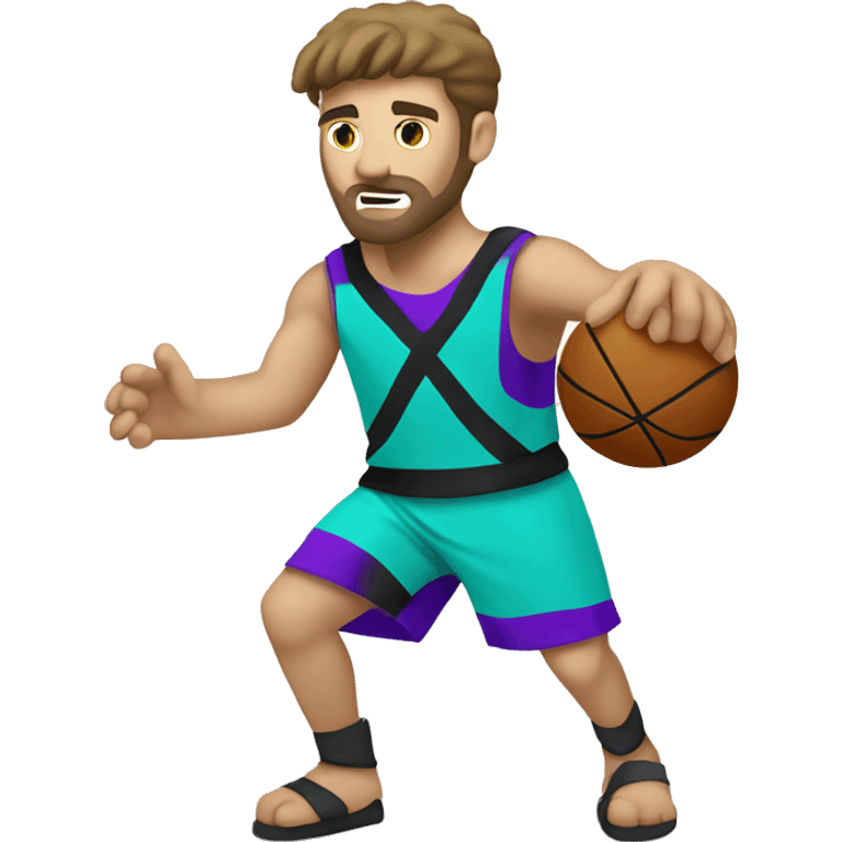 Caucasian gladiator playing basketball wearing purple black and aqua emoji