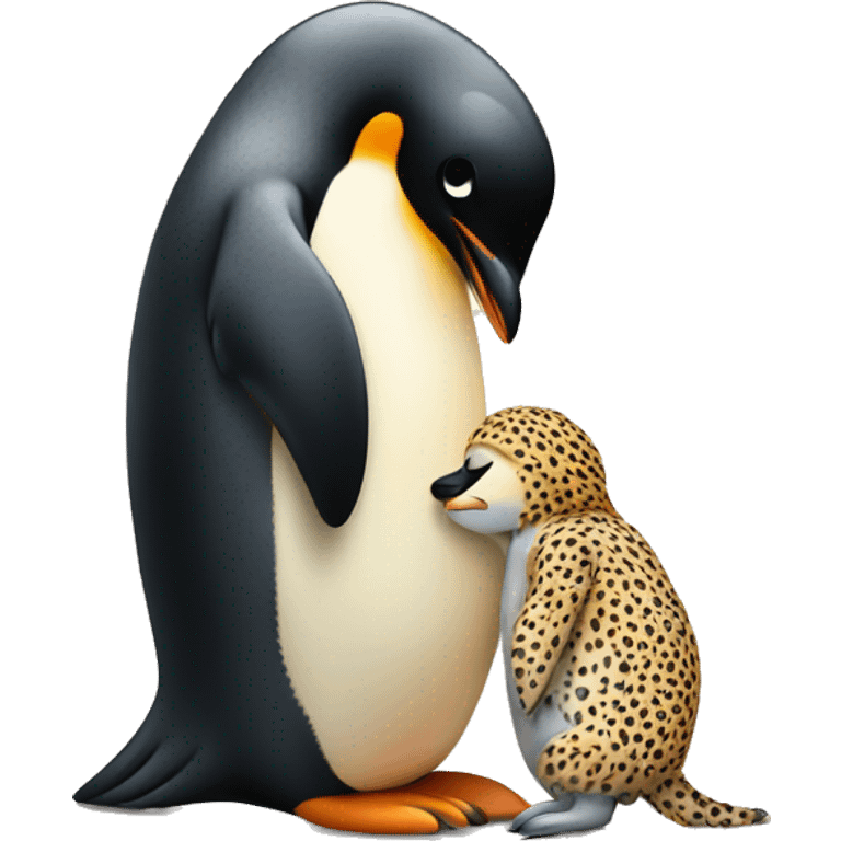 Penguin hugging a small cheetah with hearts emoji