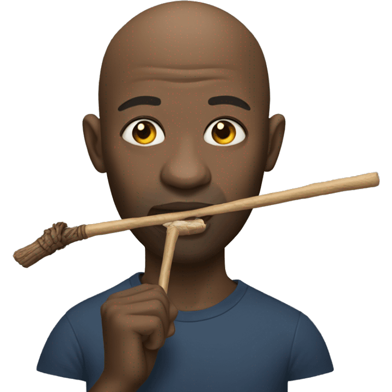 A black bald guy holding a stick in his mouth emoji