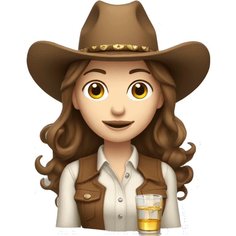 Pale woman, cowgirl, with brown hair and holding tequila  emoji