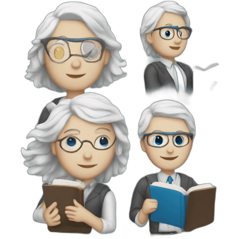 white haired librarian with blue eyes holding a book male emoji