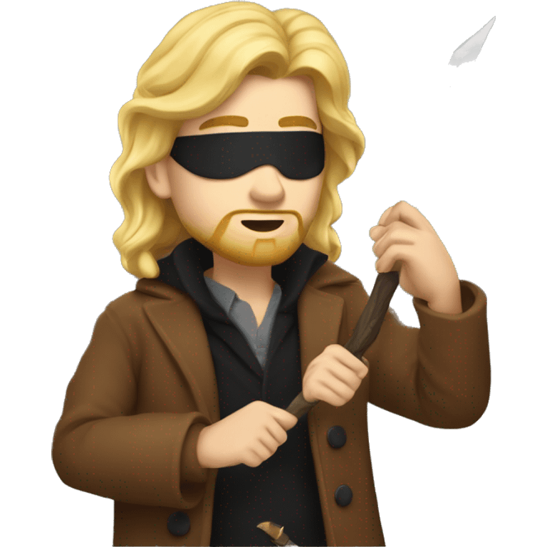 A young man with long blonde hair like waterfall, long blonde beard, red left eye, black right eyepatch, wearing a brown animal coat and holding a golden awl. emoji