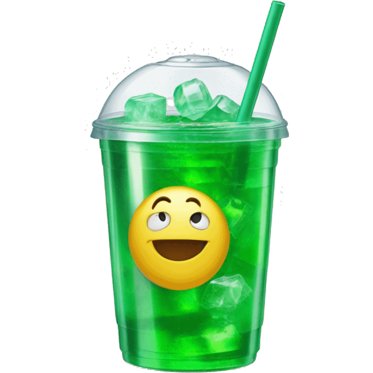 Realistic plastic cup and lid with Transluscent green soda and large ice cubes inside and one straw through the top of the lid. emoji