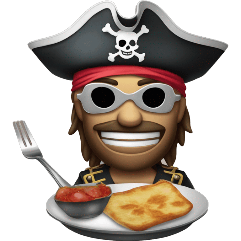 un pirate avec une assiette et un masque de fête, pour représenter le dîner en costume emoji