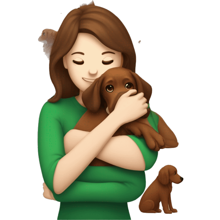 Brunette white girl hugging an irish setter dog emoji