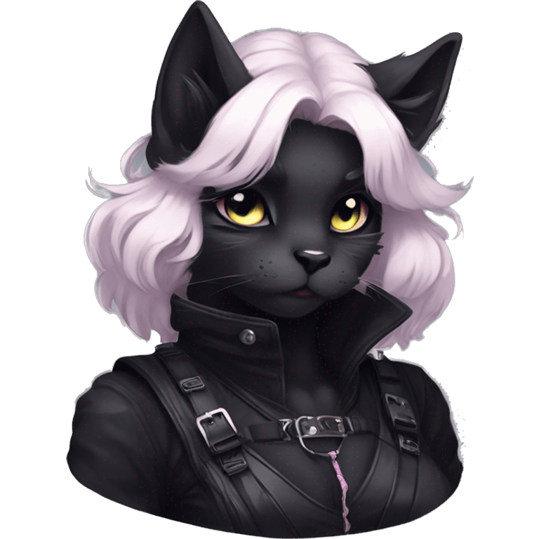 Gorgeous furry gothic dark techwear anime style anthro black cat fursona with blushing face aesthetic and pretty edgy black with collar and harness trending style emoji