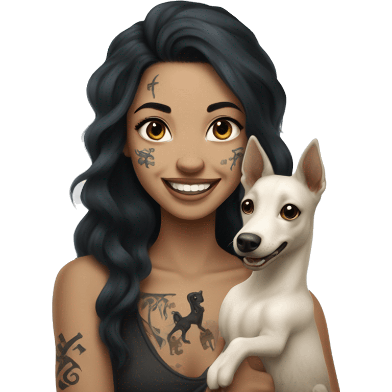 light skin woman with a face tattoo of a cross and long wavy black hair expressing joy alongide a white miniature kelpie emoji