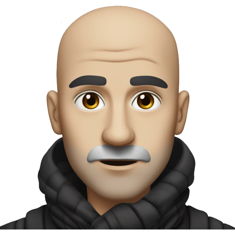 A bald man with a long pointed nose, blue eyes, and thick black eyebrows. He wears a black jacket with a high collar and a grey and black striped scarf. He has a stern expression and a slightly hunched posture. emoji