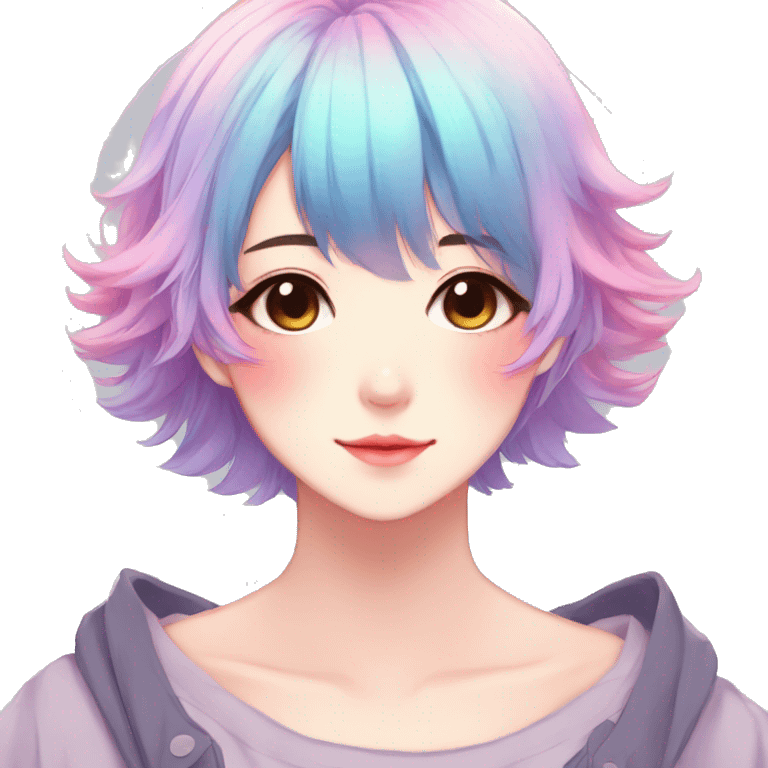 Gorgeous anime style shojo character with blushing face aesthetic and pretty colorful shiny gradient pastel hair trending style emoji