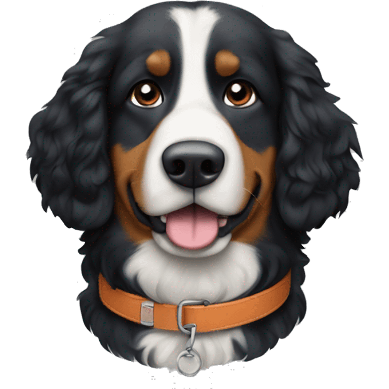 A Bernadoodle dog, that looks like a Bernese mountain dog, a blue collar on that has the name “Georgy” on it emoji