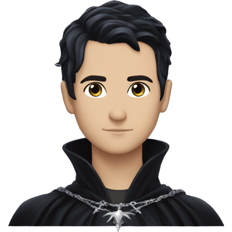 Rhysand has straight short blue-black hair, like a raven's feathers and violet/purple eyes, he wears a black cloak and a black and silver crown emoji