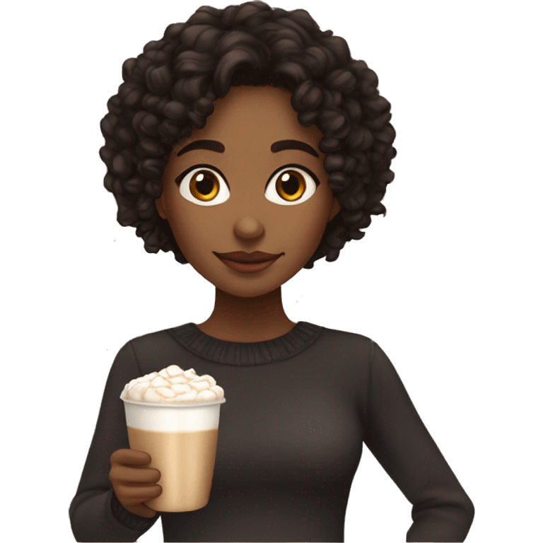 Light brown girl with black medium curly hair and a hot chocolate emoji