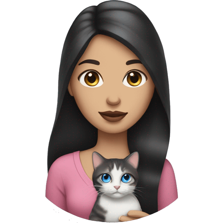 woman with long dark hair, pink lips,and blue eyes holding a tabby cat emoji