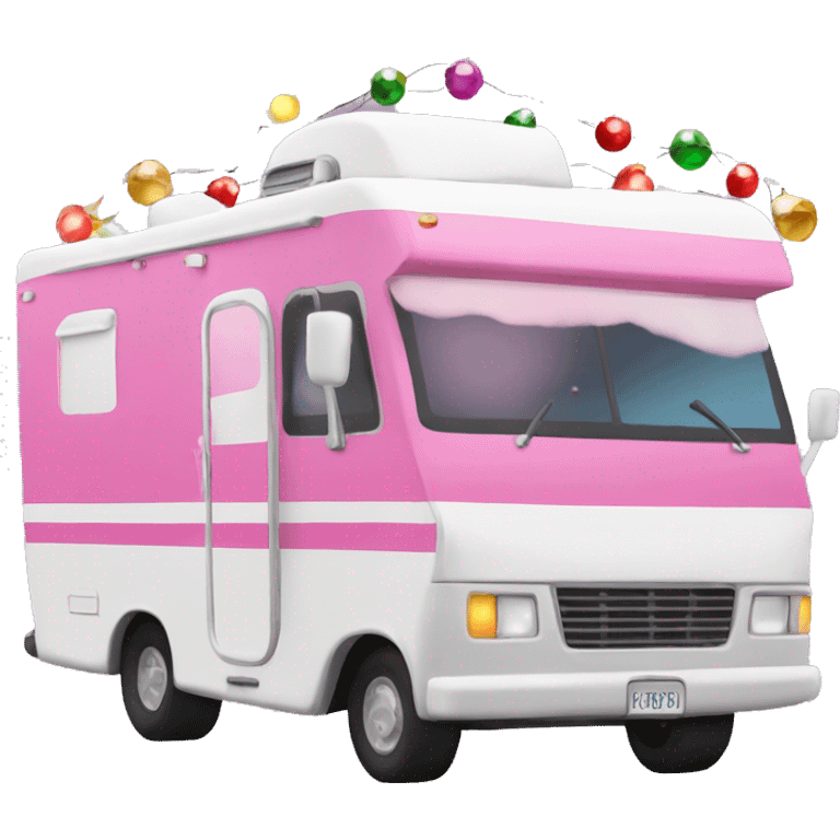 Pink Rv with snow and Christmas lights emoji