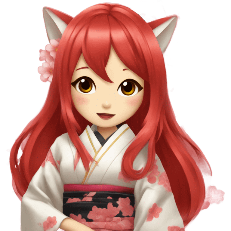 hime gyaru girl, kimono, red hair, kitsune mask emoji