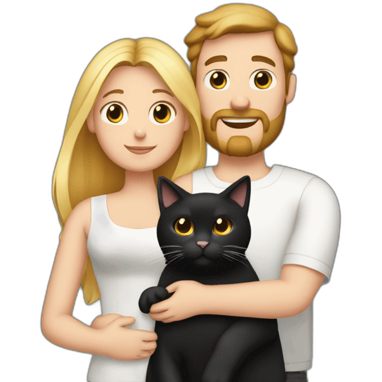 Family photo a fat husband with a beard is holding a white cat and wife with straight hair is holding another black cat emoji