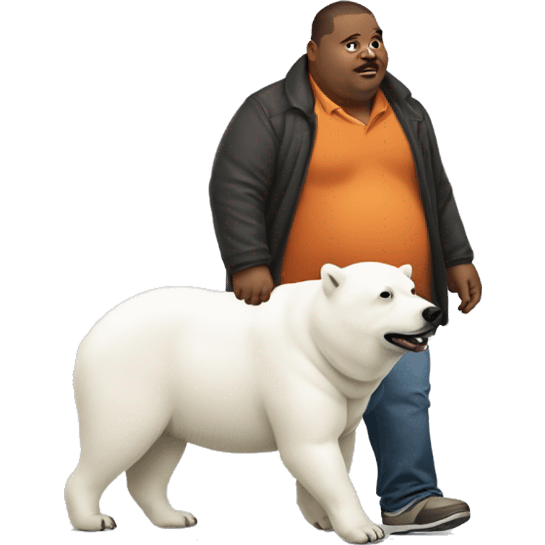 Fat man wearing a yam-aka walking a white polar bear dog emoji