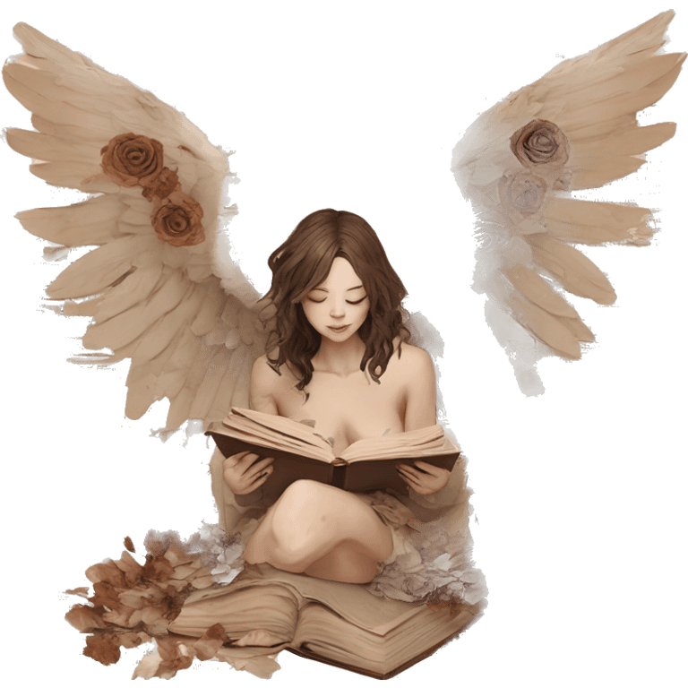 Library book bookworm academia aesthetic beige angel broken angel fallen angel tattoos with broken wing damaged wing torn wing, made of newspaper cuttings and dried flowers brown flowers emoji