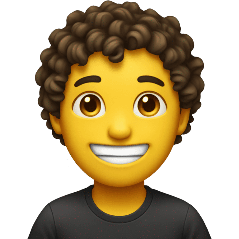 Yellow round face with dark brown curly hair smiling and winking with closed smile emoji