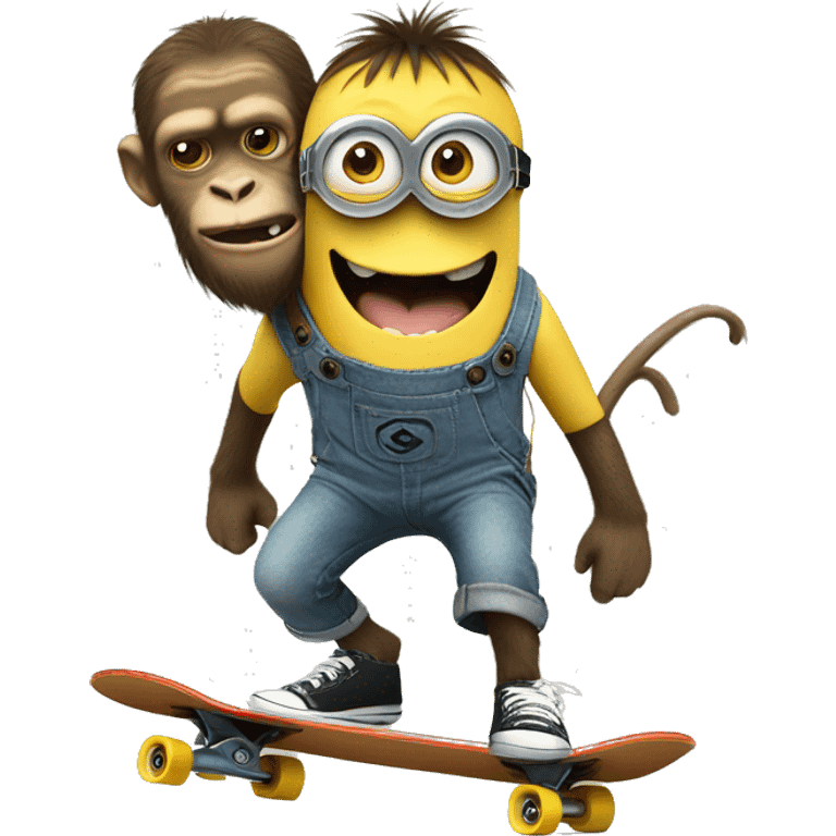 Minion riding a skateboard with a monkey on its head  emoji