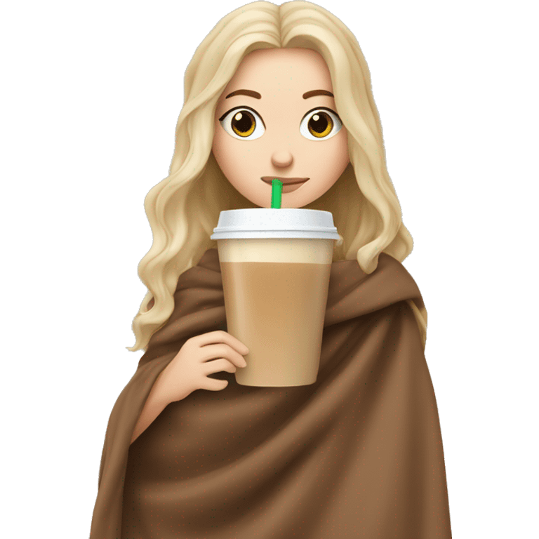 White Girl sipping iced latte in brown blanket emoji