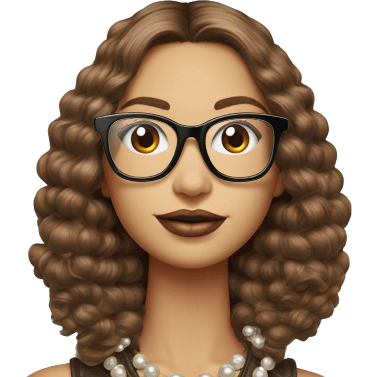 Mujer de pelo liso color castaño con gafas guess pendientes de perlas  emoji